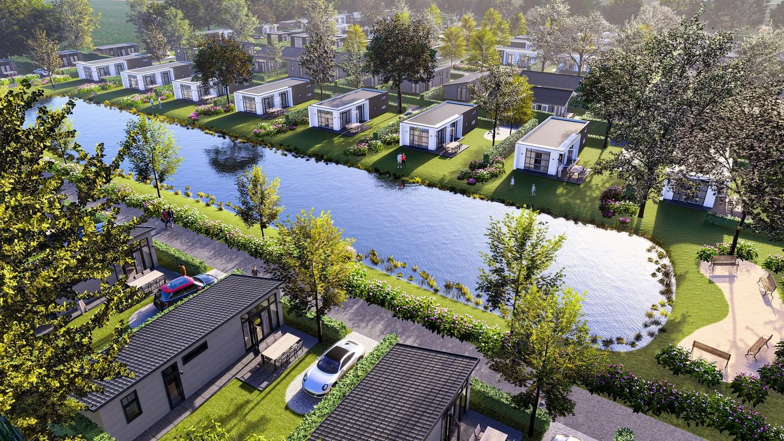 Aerial view of Resort de Betuwe: holiday homes on the water