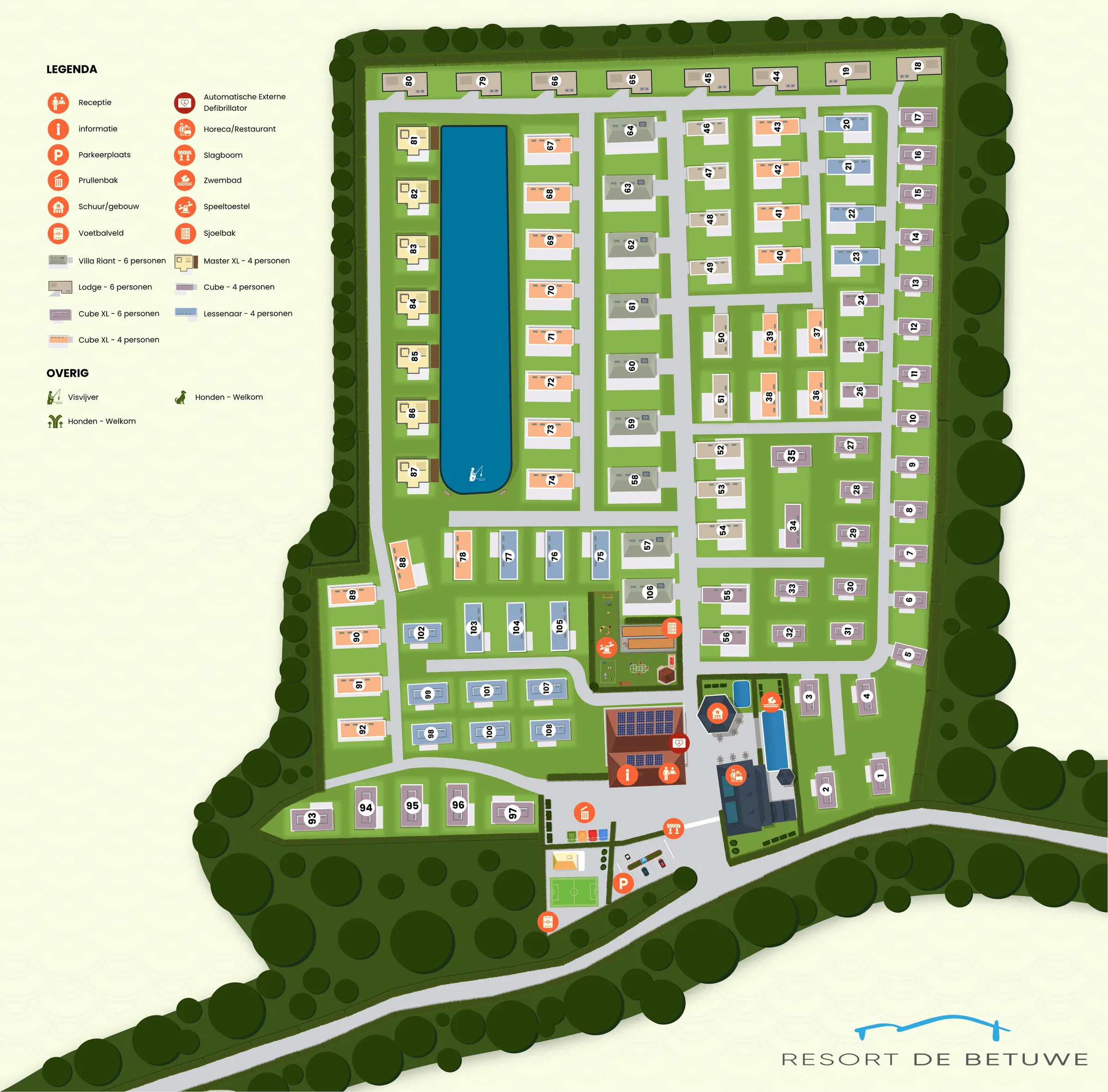 Plattegrond van Resort de Betuwe: genummerde vakantiehuisjes en camperplaatsen rond het water, met legenda van de voorzieningen